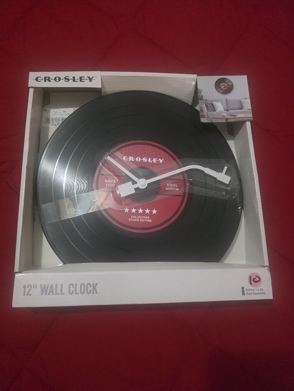 Crosley Black and Red Vinyl Record Wall Clock with White Hands